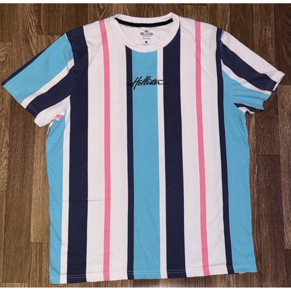 Hollister California Vertical Striped Graphic Logo Tee T Shirt Men's XL - Picture 1 of 4